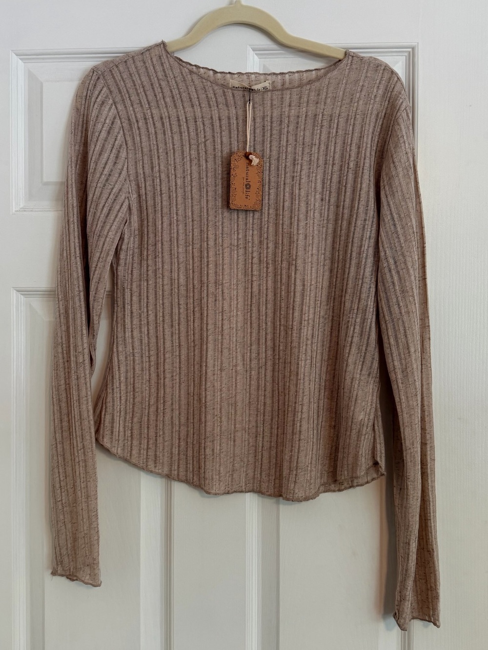 NWT Natural Life Ribbed Long Sleeve Top XL Soft Oatmeal Beige Boho Lettuce Hem